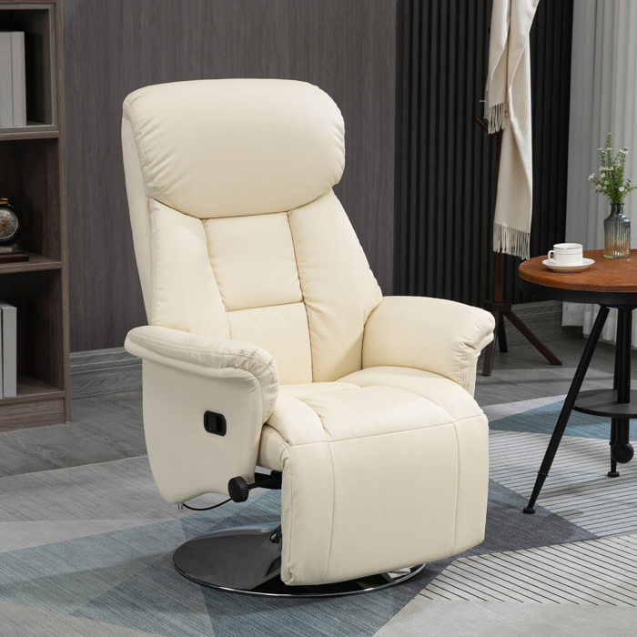Fauteuil relax inclinable repose-pied réglable pivotant 360° piètement métal chromé revêtement synthétique crème