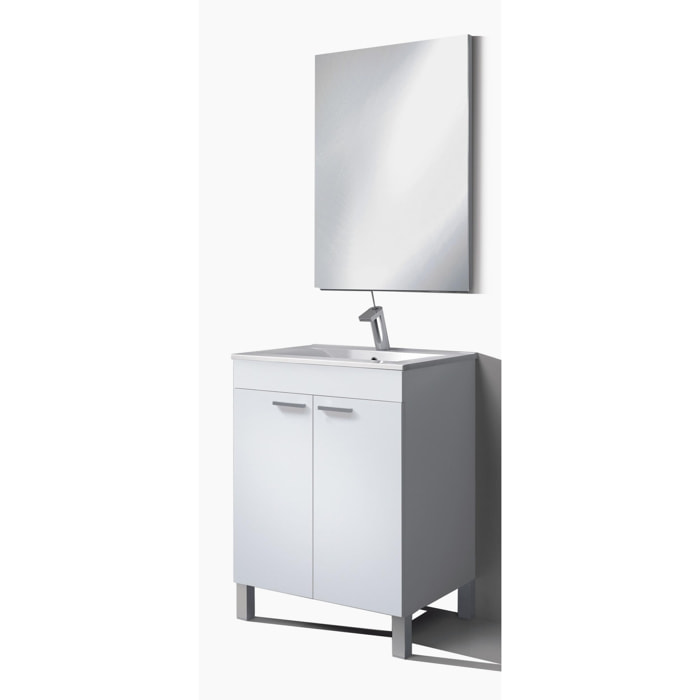 Mobile sottolavabo Naperville, Mobiletto per bagno, Armadio a 2 ante con specchio, lavabo non incluso, cm 60x45h80, Bianco lucido