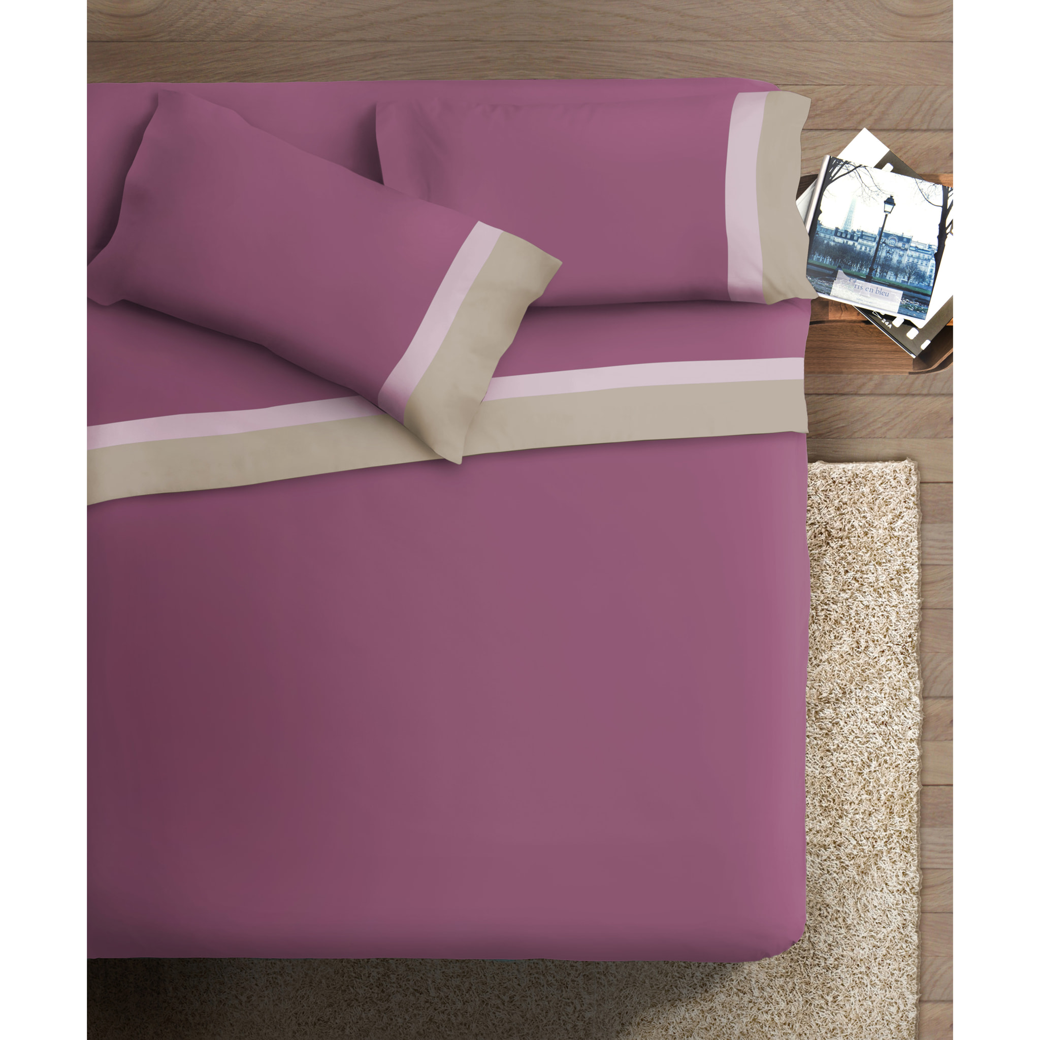 Completo letto doppia balza RASO IPERSAN Puro Cotone Panna/Malva fondo Prugna