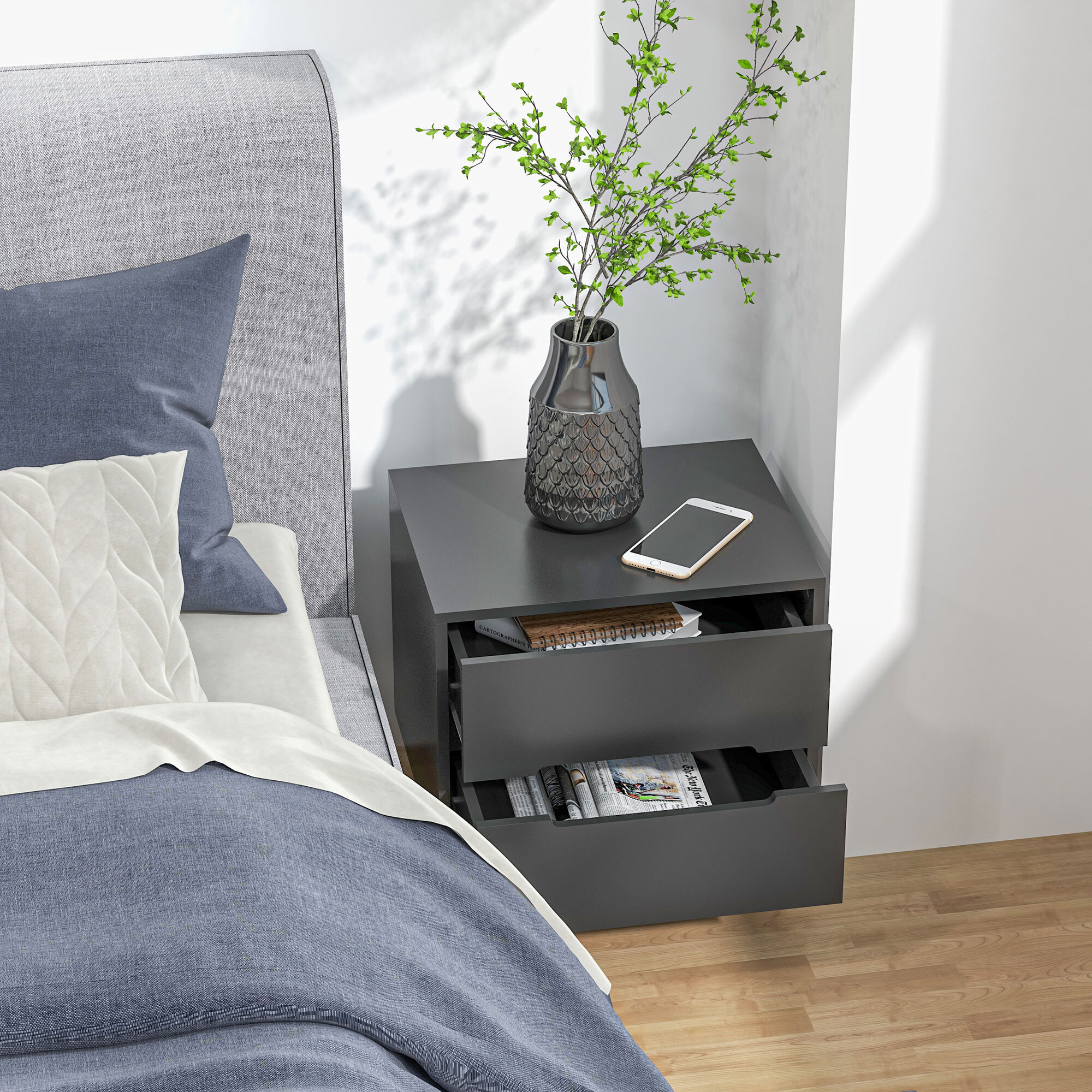 Chevet 2 tiroirs table de nuit style nordique dim. 50 x 40 x 50,5 cm noir