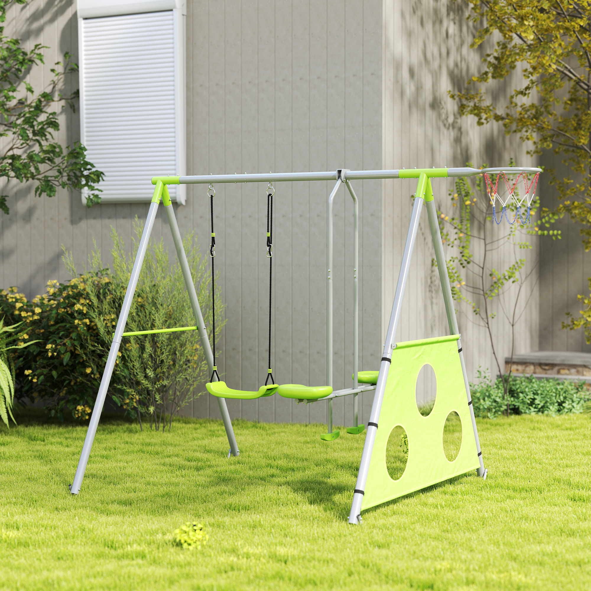 Portique balançoire enfant 4 en 1 - face à face, balançoire, panier basket-ball, cible football - acier gris vert pomme