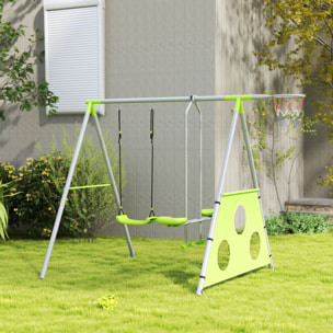Portique balançoire enfant 4 en 1 - face à face, balançoire, panier basket-ball, cible football - acier gris vert pomme