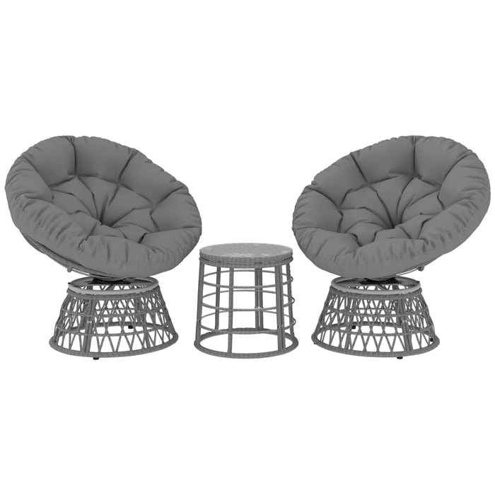 Ensemble salon de jardin 3 pcs - 2 fauteuils papasan, table basse - 2 grands coussins inclus - résine grise