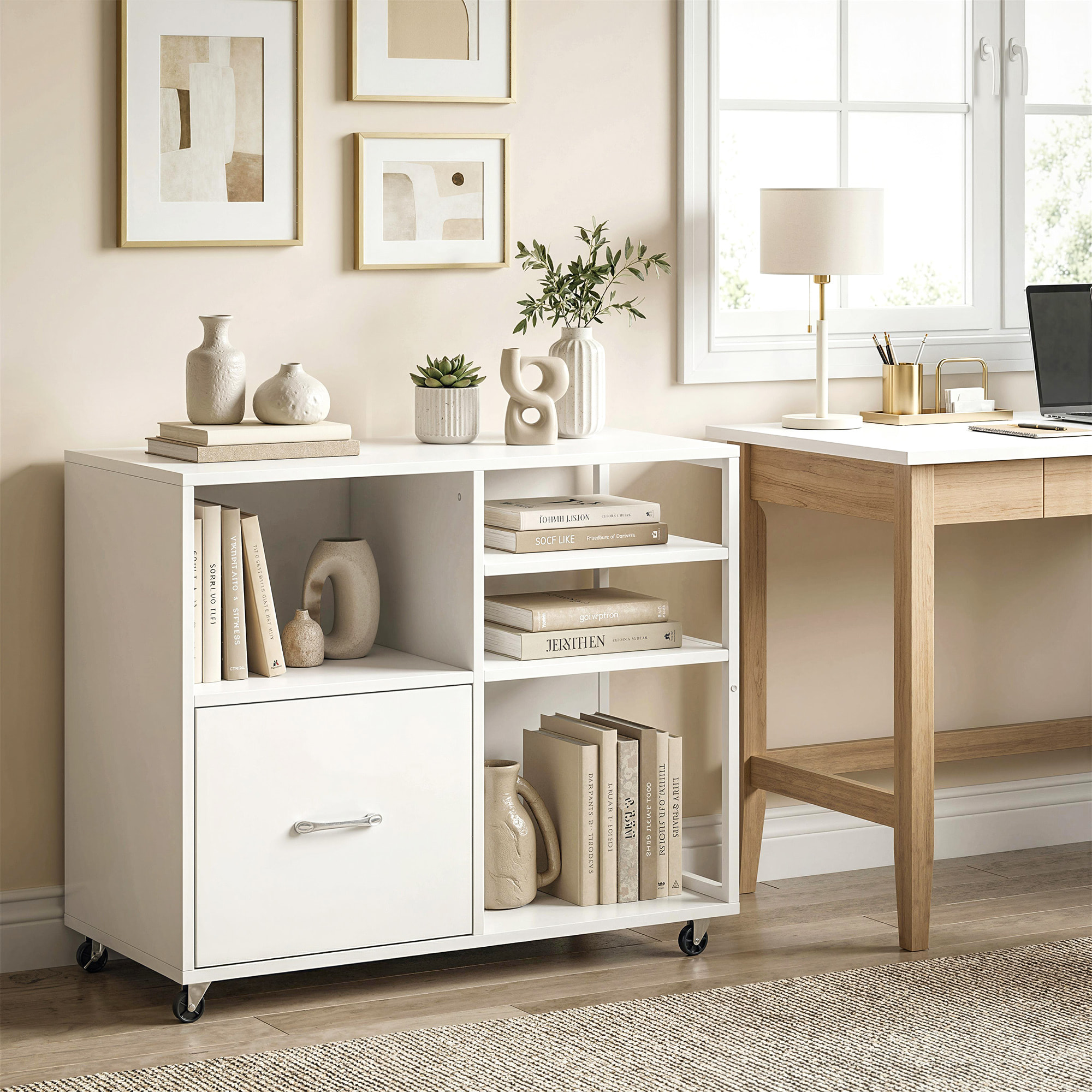 Mueble para Impresora con Ruedas, Mesa para Impresora con Estantes Abiertos y Cajón para Documentos Tamaño A4 y Carta, Archivador Móvil para Oficina en Casa, Blanco