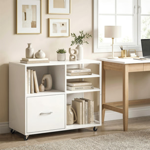 Mueble para Impresora con Ruedas, Mesa para Impresora con Estantes Abiertos y Cajón para Documentos Tamaño A4 y Carta, Archivador Móvil para Oficina en Casa, Blanco