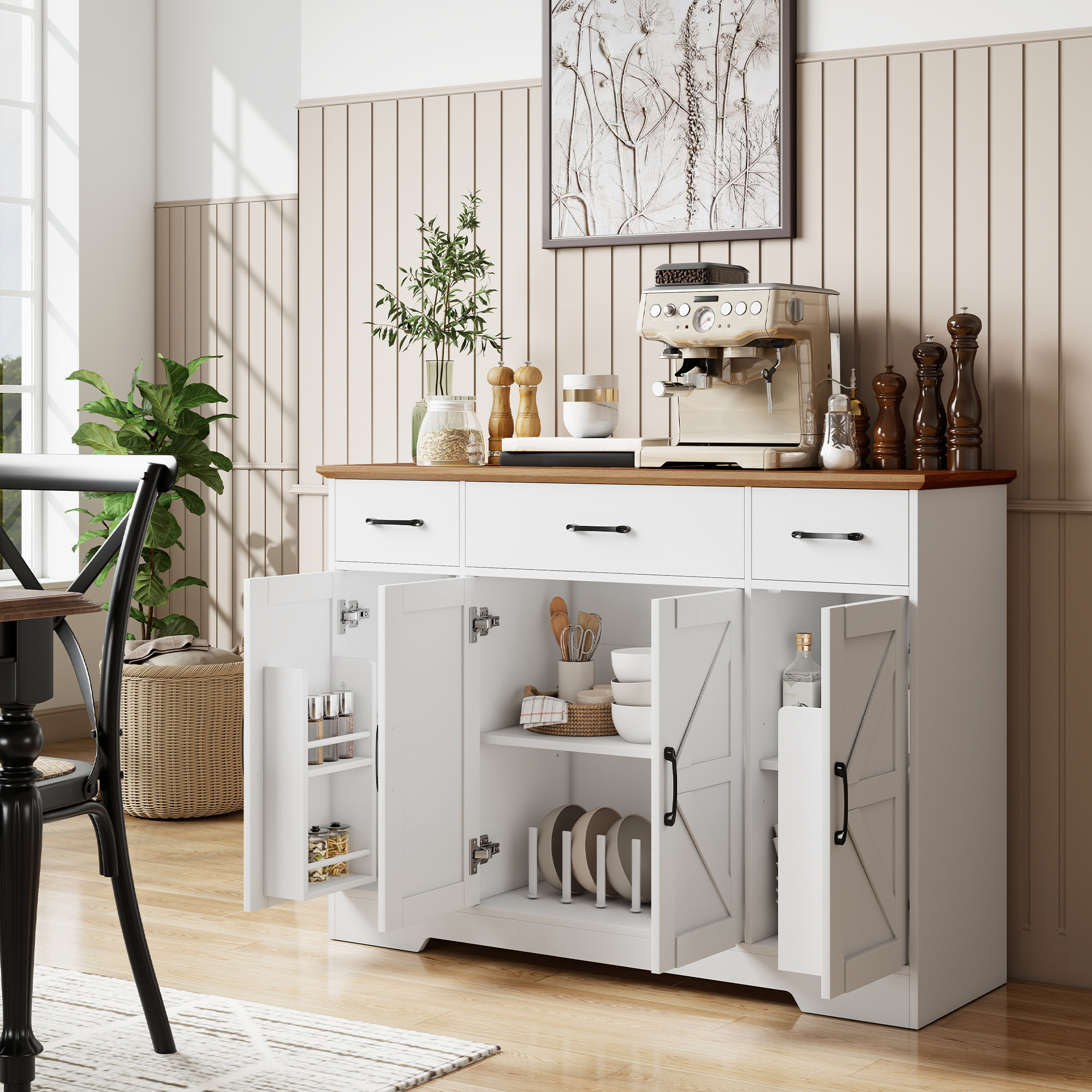 Aparador de Cocina Rústico, Armario de Cocina con 4 Estantes de Puerta, 3 Cajones, Estantes Ajustables, Puerta con Cierre Suave, Mueble de TV para 48-55 Pulgadas, 120x38x87 cm, Blanco y Nogal