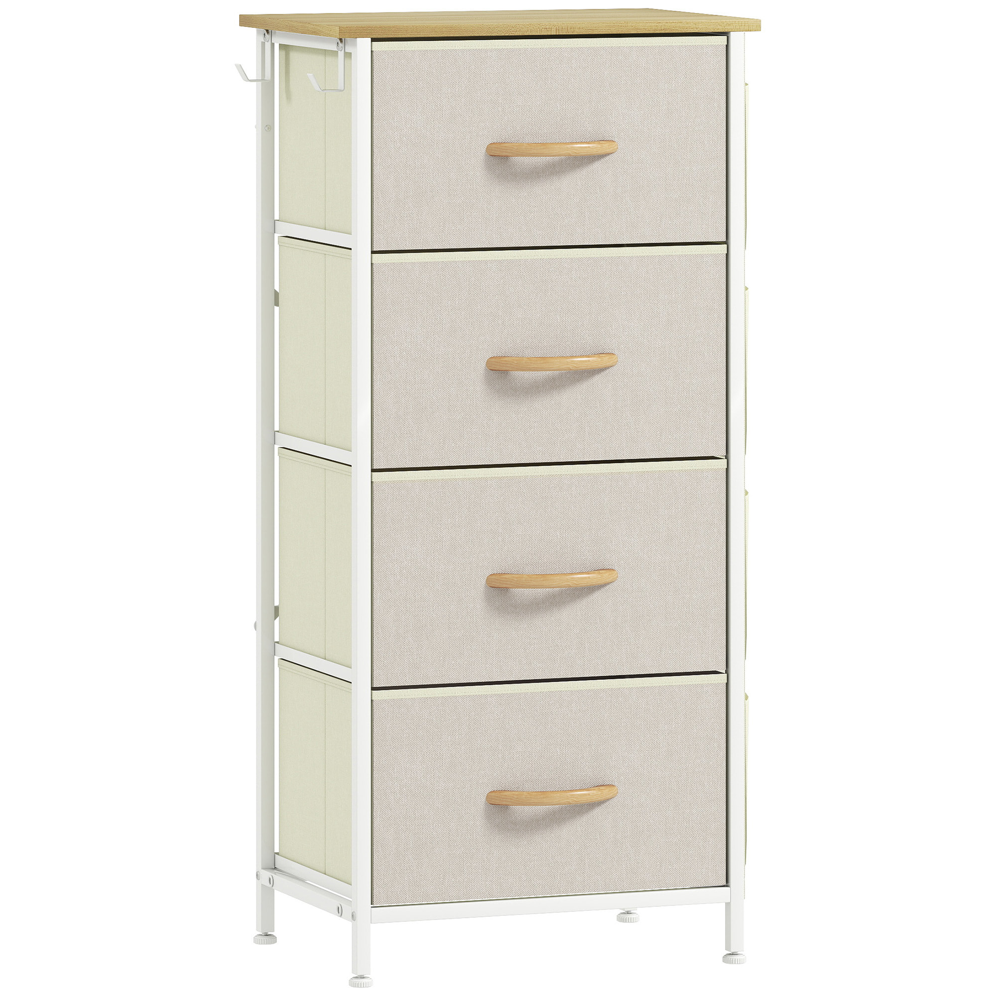 Commode chiffonnier 4 tiroirs en tissu beige 4 poches 2 crochets acier blanc effet bois