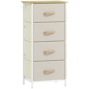 Commode chiffonnier 4 tiroirs en tissu beige 4 poches 2 crochets acier blanc effet bois