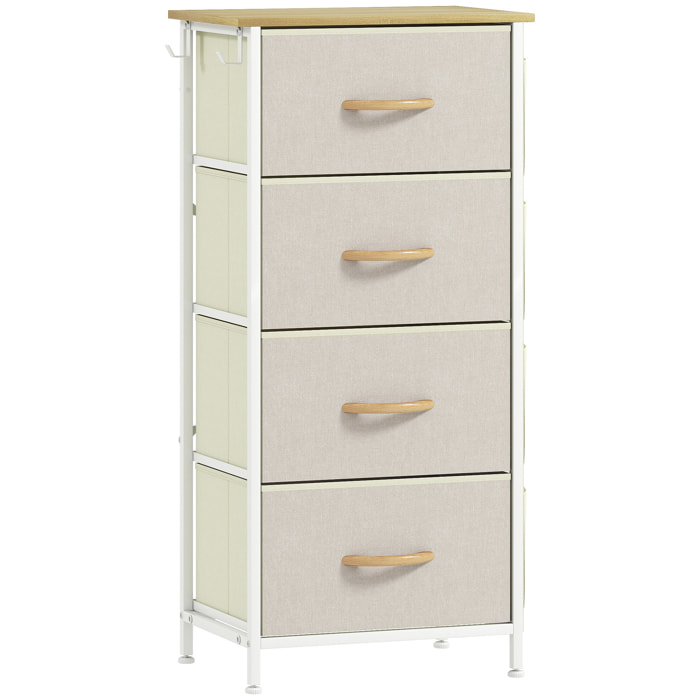 Commode chiffonnier 4 tiroirs en tissu beige 4 poches 2 crochets acier blanc effet bois