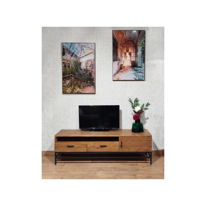 Meuble TV en bois de pin et métal noir L160 cm - INDUS