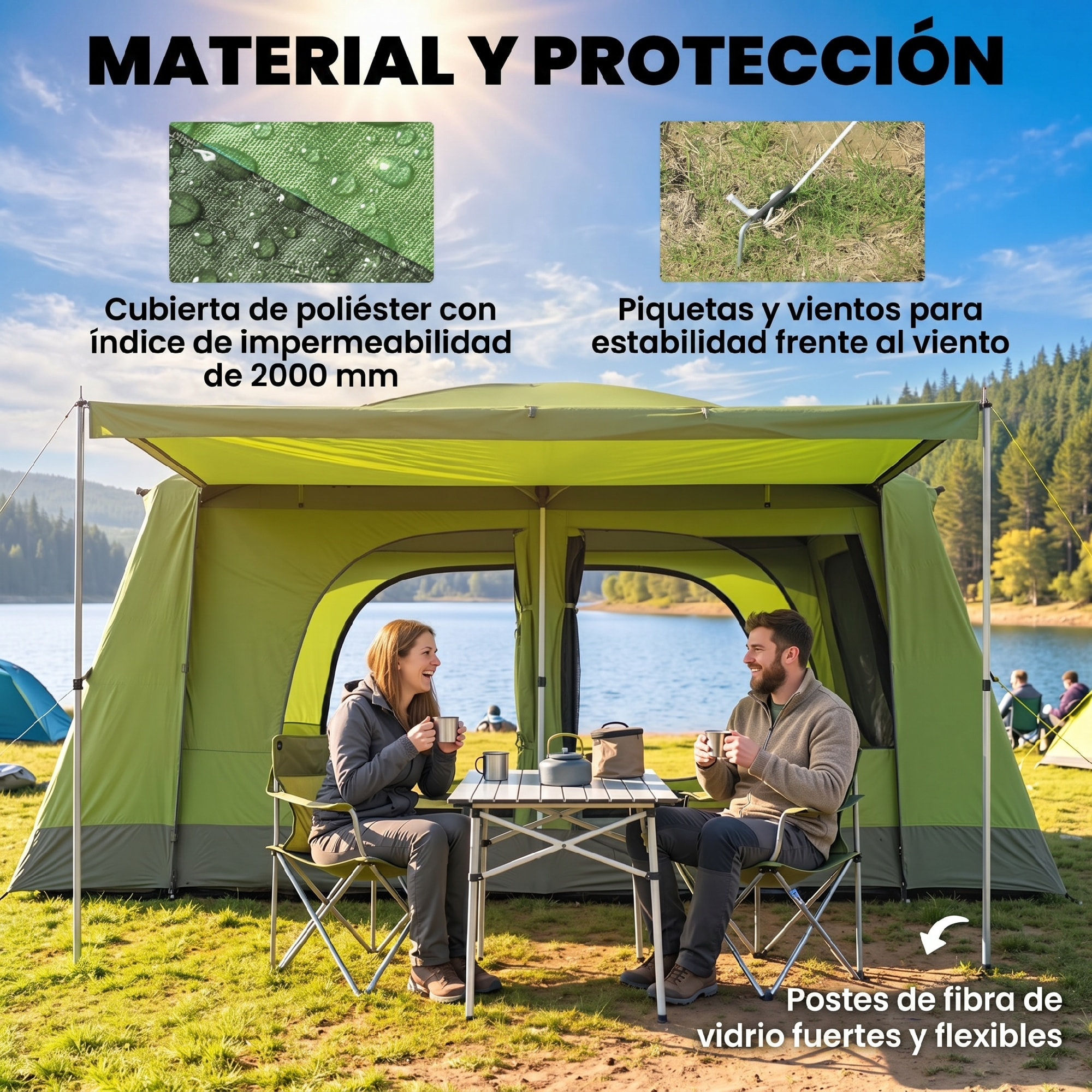 Outsunny Tienda de Campaña Familiar para 4 Personas Tienda de Camping con Mosquitera Gancho y Bolsa de Transporte Anti-UV para Pescar Senderismo Impermeable 2000 mm 405x305x225 cm Verde