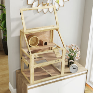 Cage rongeur hamster en bois dim.60x40x75cm 3 niveaux rampes roue bascule cabane naturel