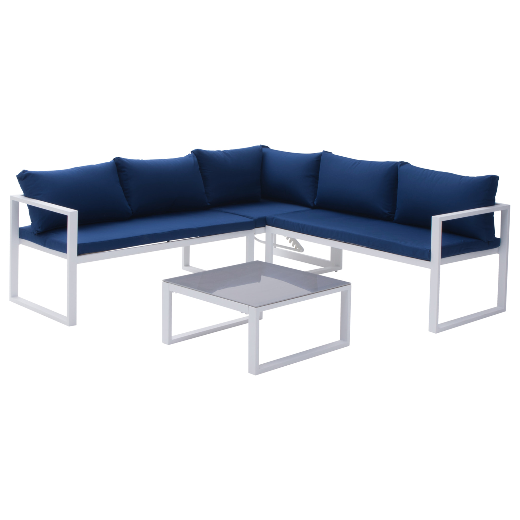 Salon de jardin modulable IBIZA en tissu bleu 4 places - aluminium blanc