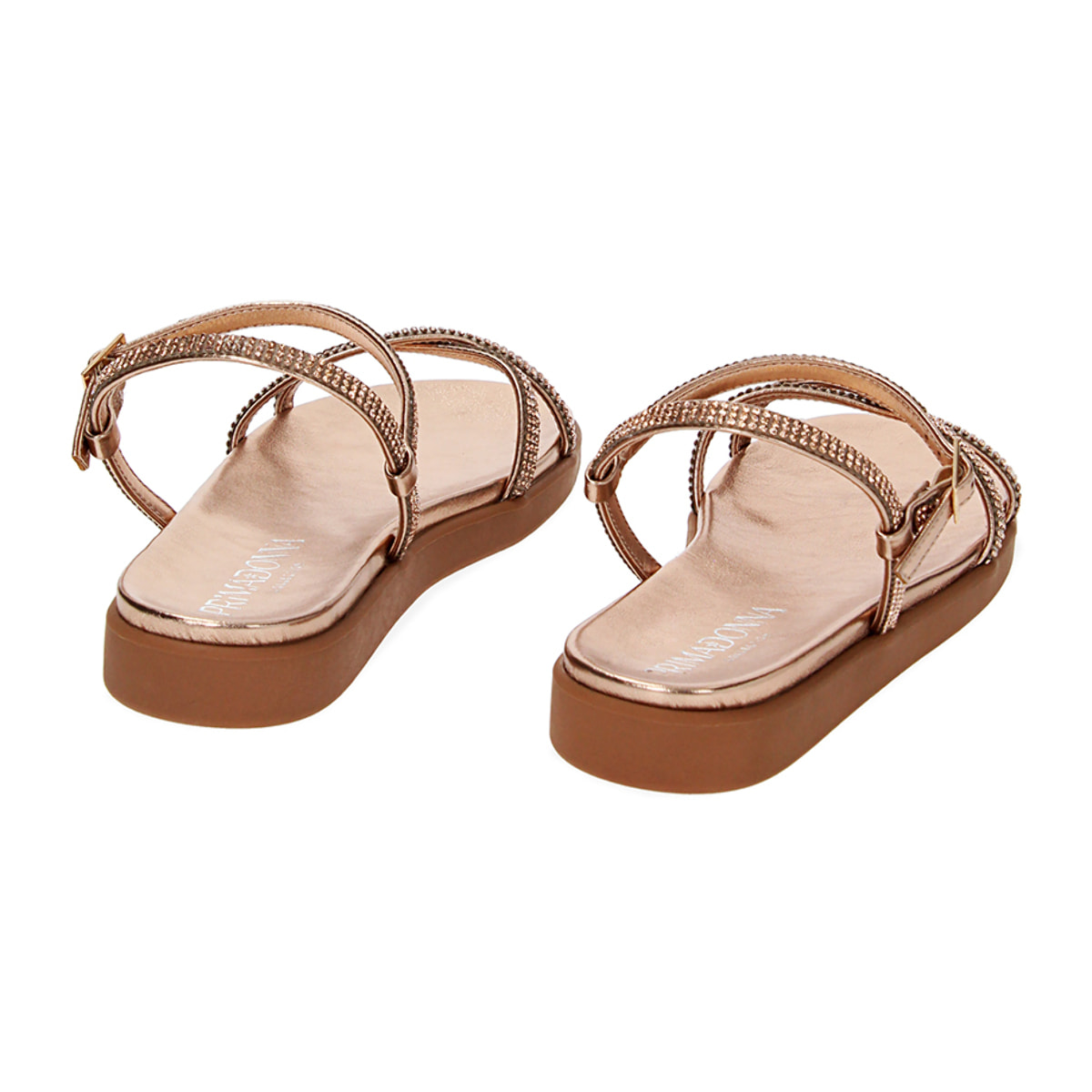 Sandalias bajas rosa-oro en laminado con piedras