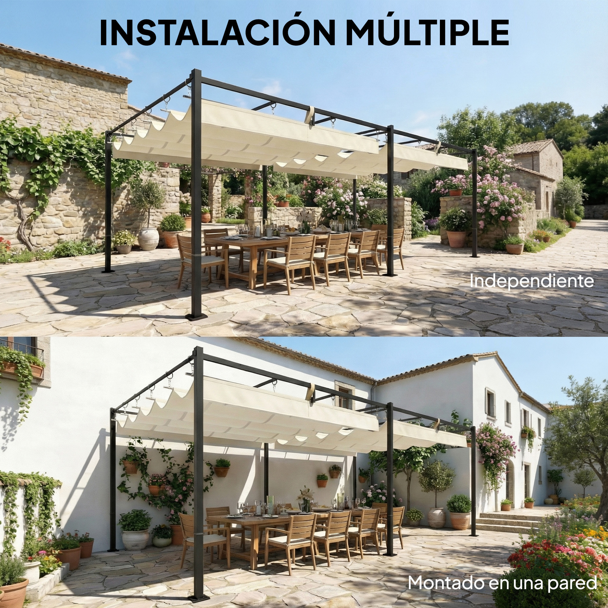 Pérgola de Jardín 6x3 m con Techo Retráctil, Cenador de Jardín con Protección UPF50+, Drenaje, Estructura Metálica, Pabellón para Patio, Terraza, Exterior, Blanco Crema