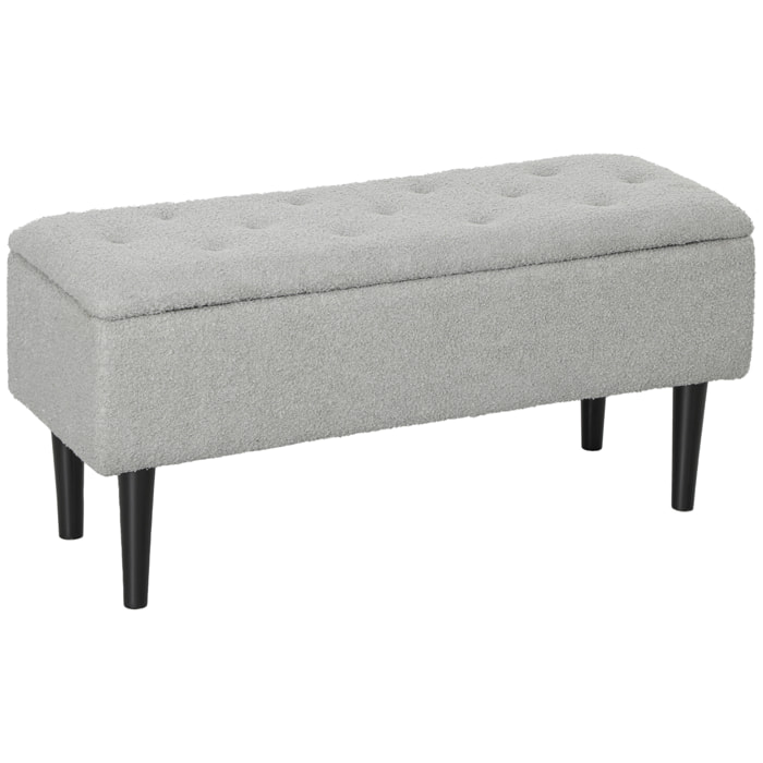 Puff Almacenaje, Banco Almacenaje Plegable, Capacidad de 47 L, 95x38x45 cm, Tapizado en Borreguito, Pie de Cama con Tapa Abatible y Patas de Madera, para Salón, Dormitorio, Entrada, Gris