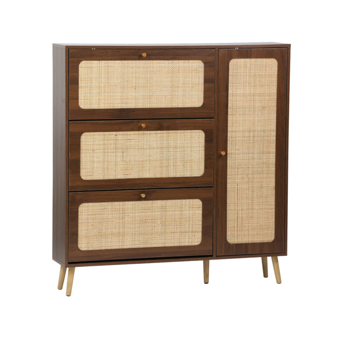 Meuble à chaussure cannage Bohème noyer. 3 abattants. 1 porte. 21 paires. 120 x 24 x 125 cm