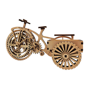 Maqueta de Madera 3D, con movimiento mecánico diseño de Tarjetero Triciclo. 72 piezas.