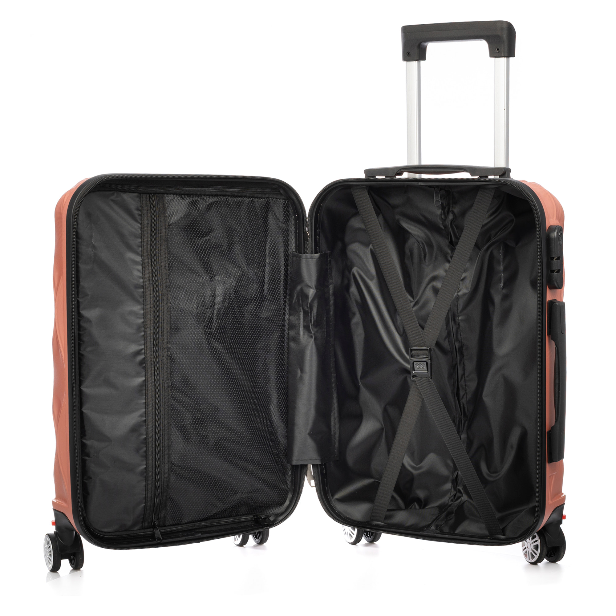 DAM Valigia da cabina Trolley in materiale leggero in ABS ad alta resistenza. Chiusura numerica e 4 ruote doppie estraibili e girevoli a 360°. 37x24x56 Cm. Colore: Oro Rosa