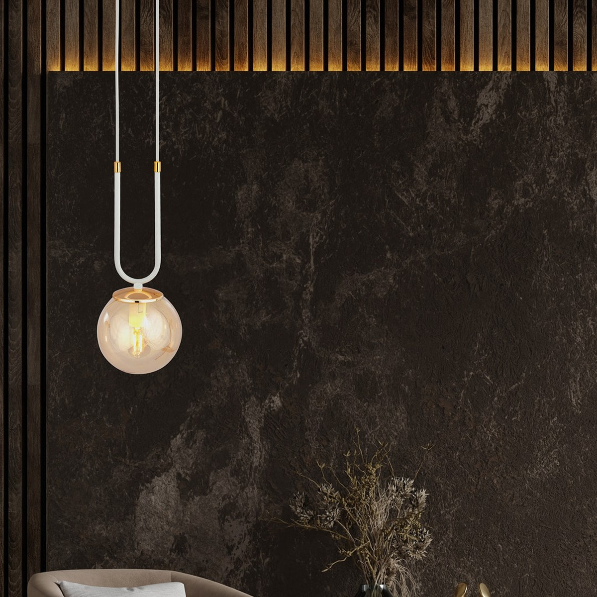 Lampada a sospensione GLAM in acciaio bianco e vetro ambrato