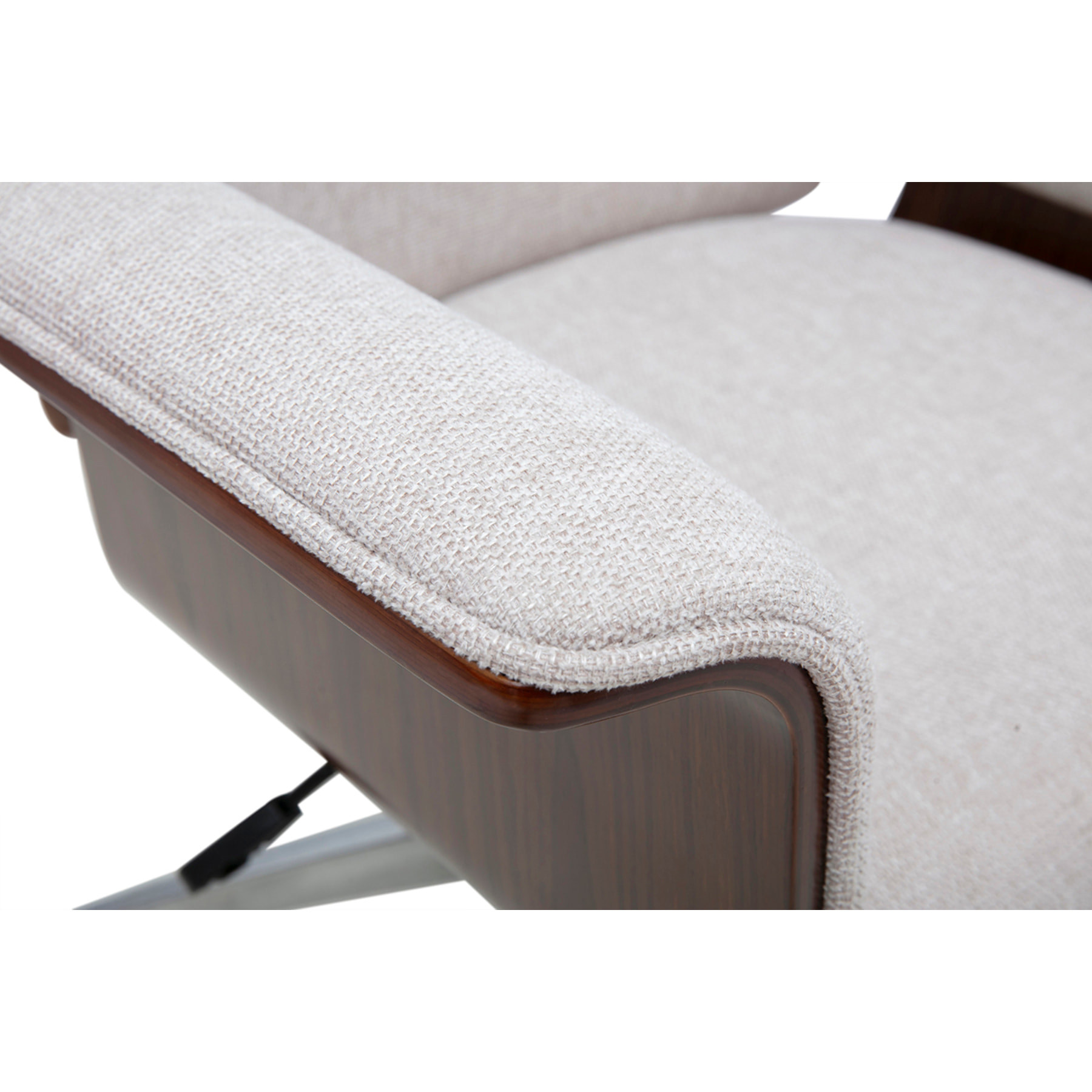 Fauteuil de bureau à roulettes design en tissu effet velours texturé beige, bois foncé et acier chromé ELON