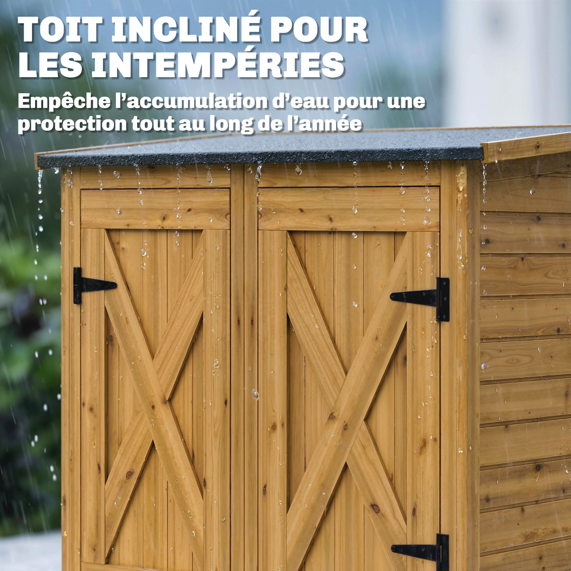 Abri de rangement  2 portes 2 étagères - toit incliné - bois - marron