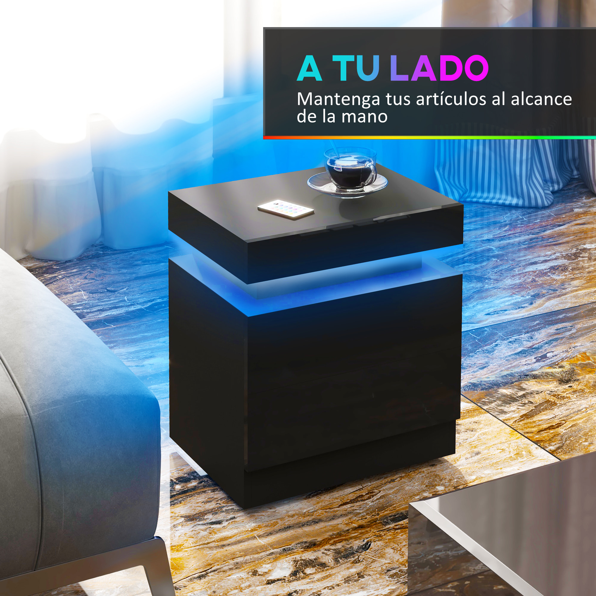 Mesita de Noche con Luces LED Mesilla de Noche con 2 Cajones y Control Remoto Mesa de Noche para Dormitorio Salón 45x35x52 cm