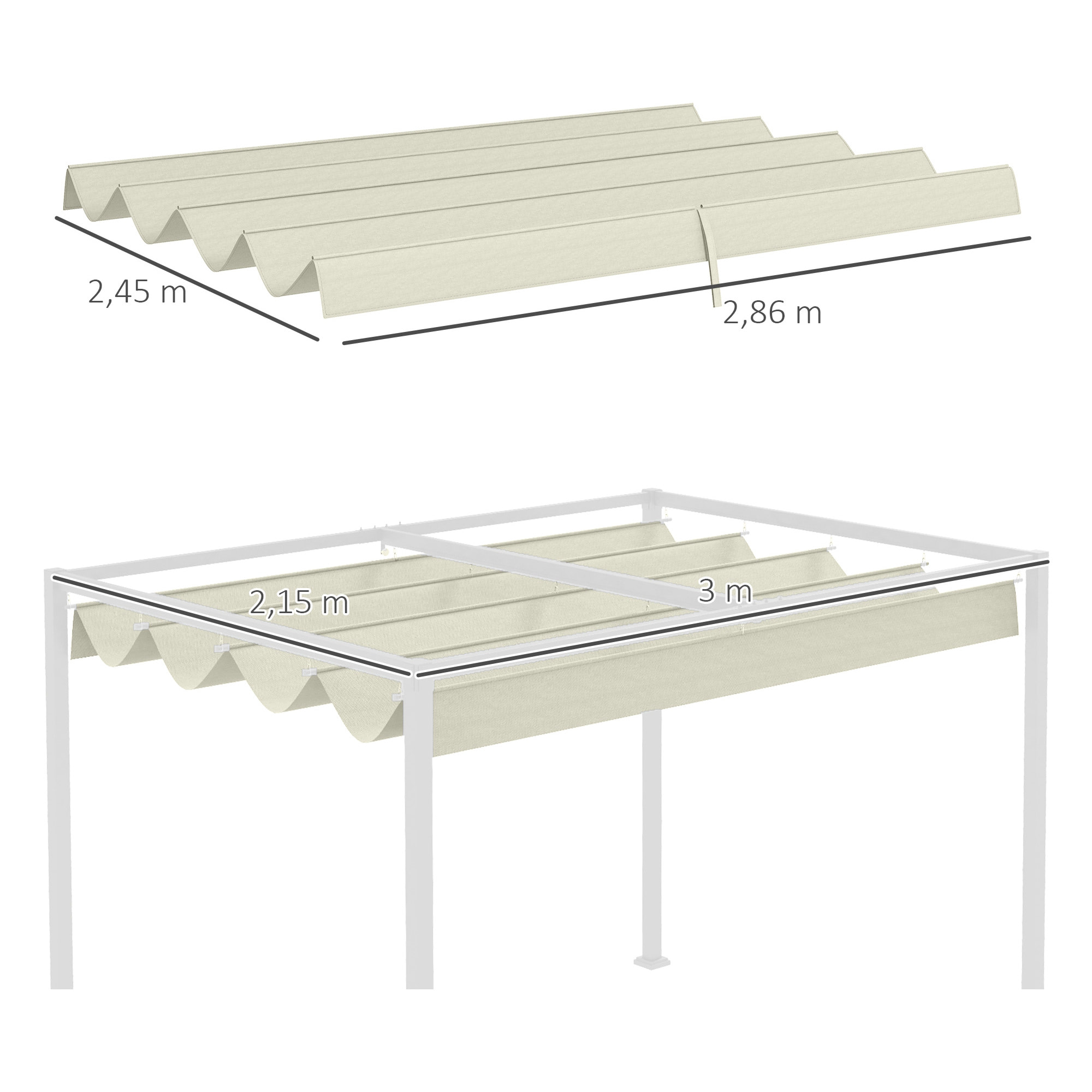 Techo de Pérgola Retráctil 286x245 cm Techo de Sustitución Toldo de Repuesto con Protección UV30+ para Pérgola de 3x2,15 m Crema