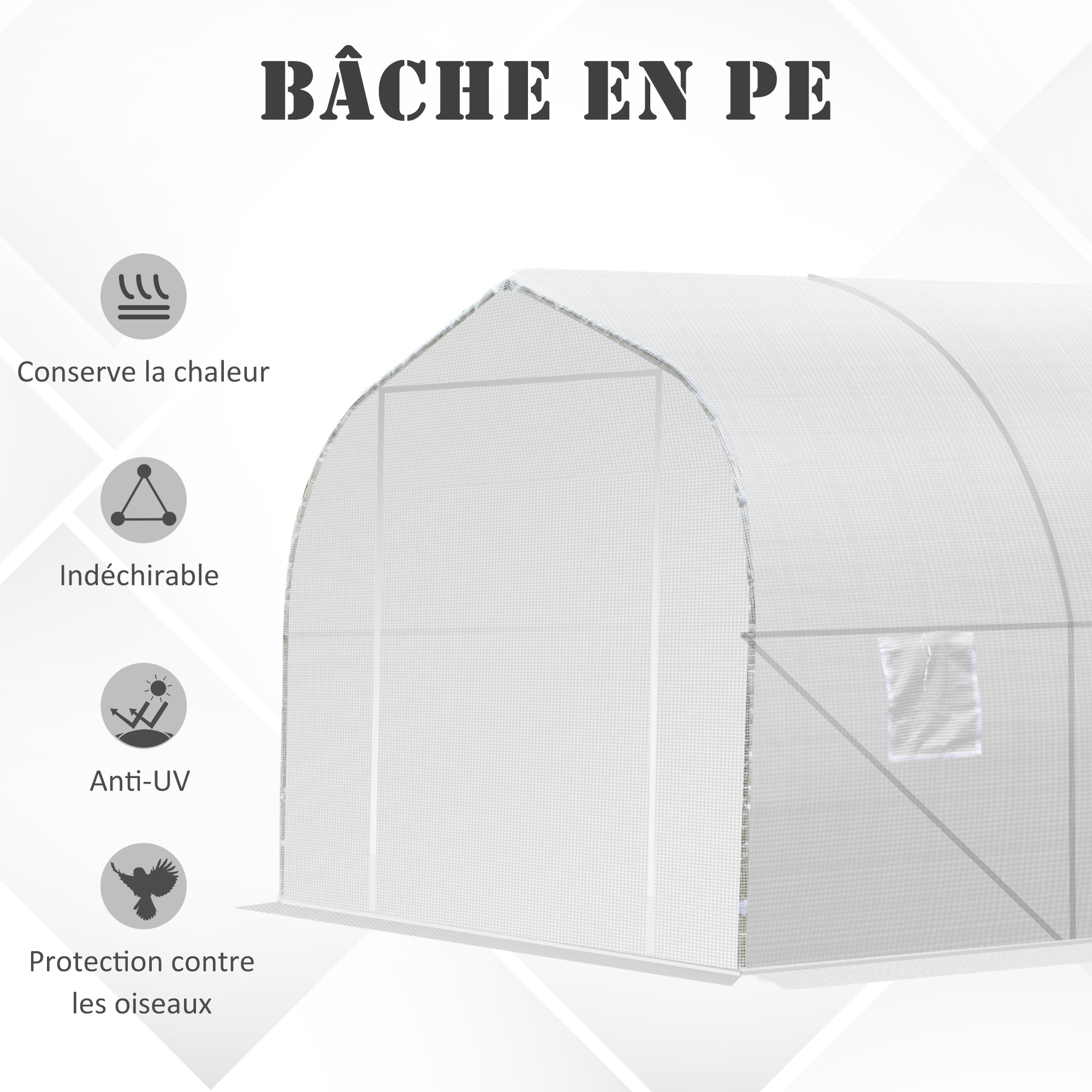 Serre tunnel de jardin dim. 3,5L x 3l x 2H m porte + 6 fenêtres enroulables acier galvanisé bâche PE haute densité blanc