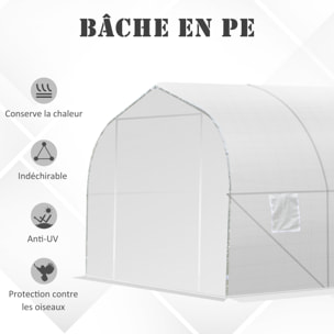 Serre tunnel de jardin dim. 3,5L x 3l x 2H m porte + 6 fenêtres enroulables acier galvanisé bâche PE haute densité blanc