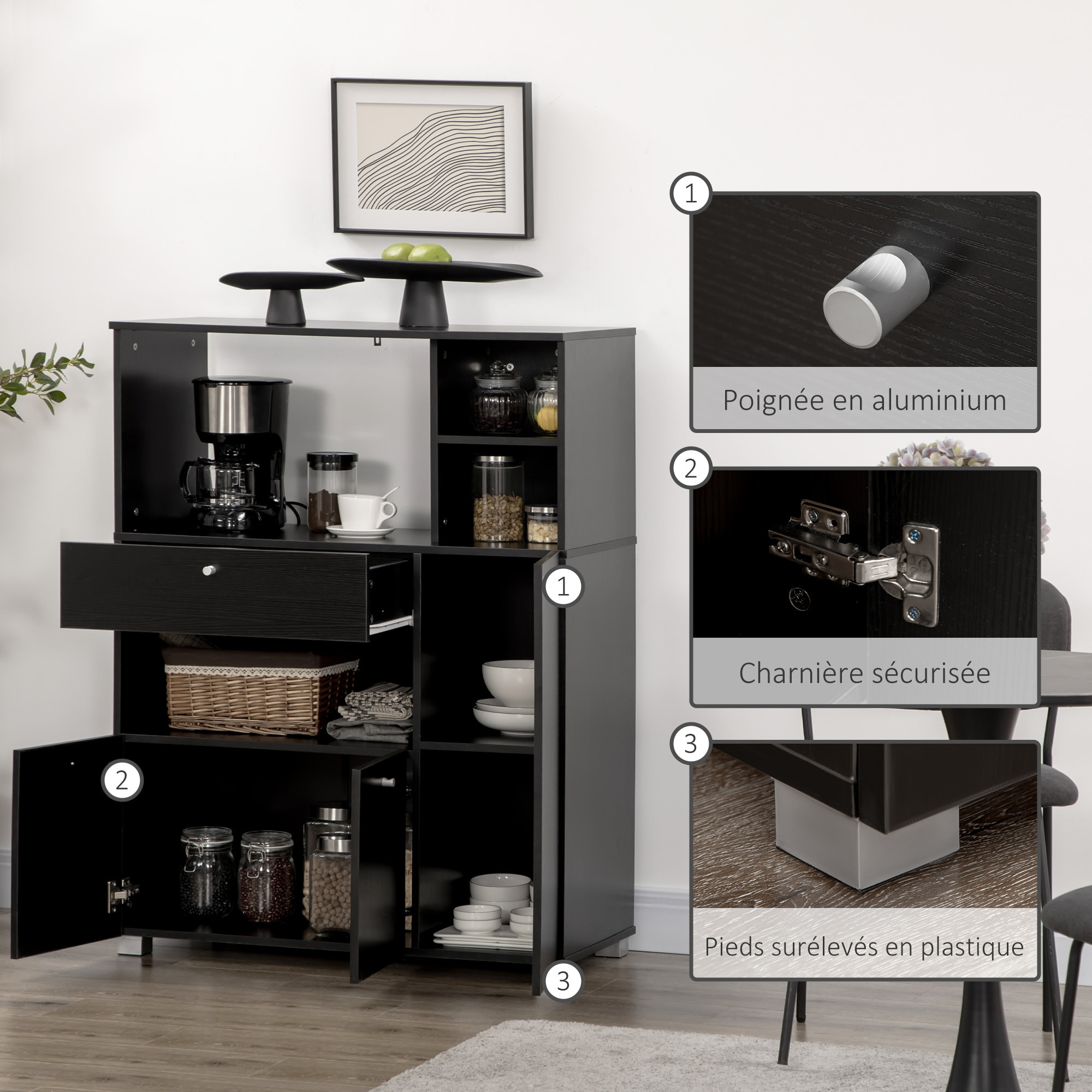 Meuble de cuisine multi-rangements 2 placards 4 niches tiroir coulissant dim. 90L x 40l x 120H cm panneaux particules noir