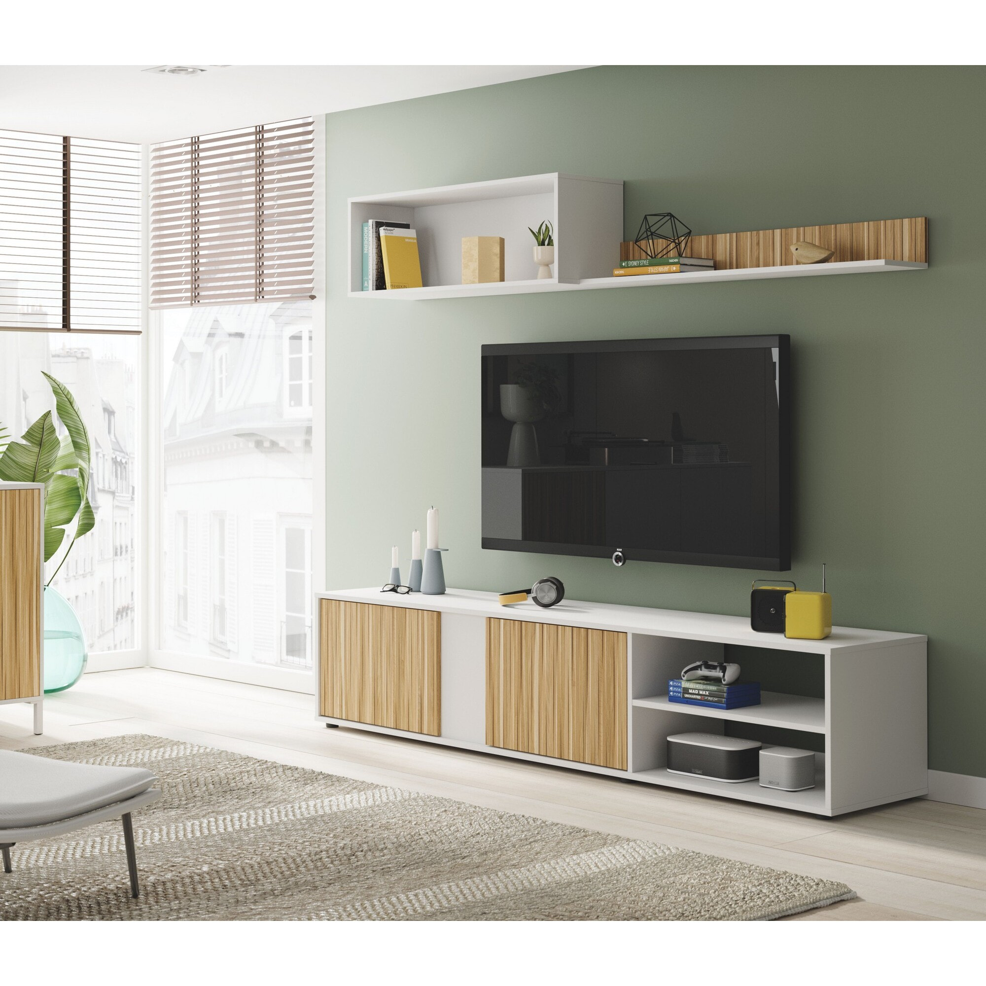 Parete attrezzata Agrestino, Mobile da soggiorno porta TV, Composizione set salotto, Set salotto con pensile, 180x33h40 cm, Bianco e Rovere