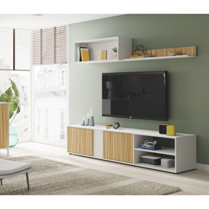 Parete attrezzata Agrestino, Mobile da soggiorno porta TV, Composizione set salotto, Set salotto con pensile, 180x33h40 cm, Bianco e Rovere