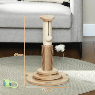 Poste Rascador para Gatos 49 cm Arañador para Gatos con Poste de Sisal Cepillo Carril Giratorio con Bolas de Juego Pluma Elástica y Bola de Juguete Roble