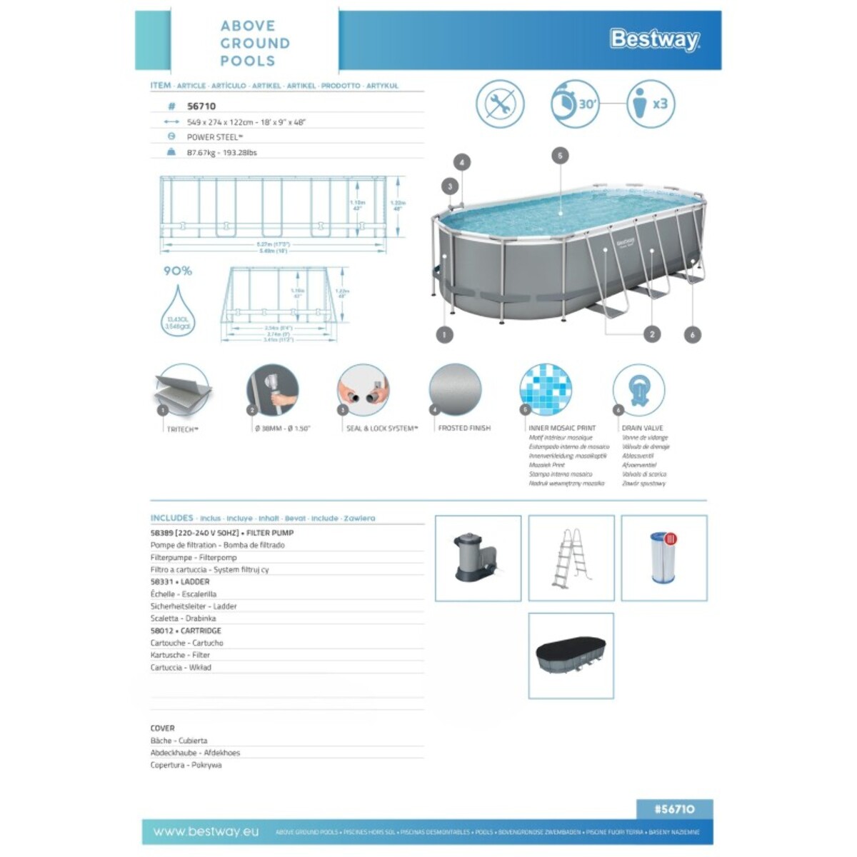 Bestway Piscine hors sol tubulaire ovale Bestway Power Steel 549 x 274 x 122 cm gris