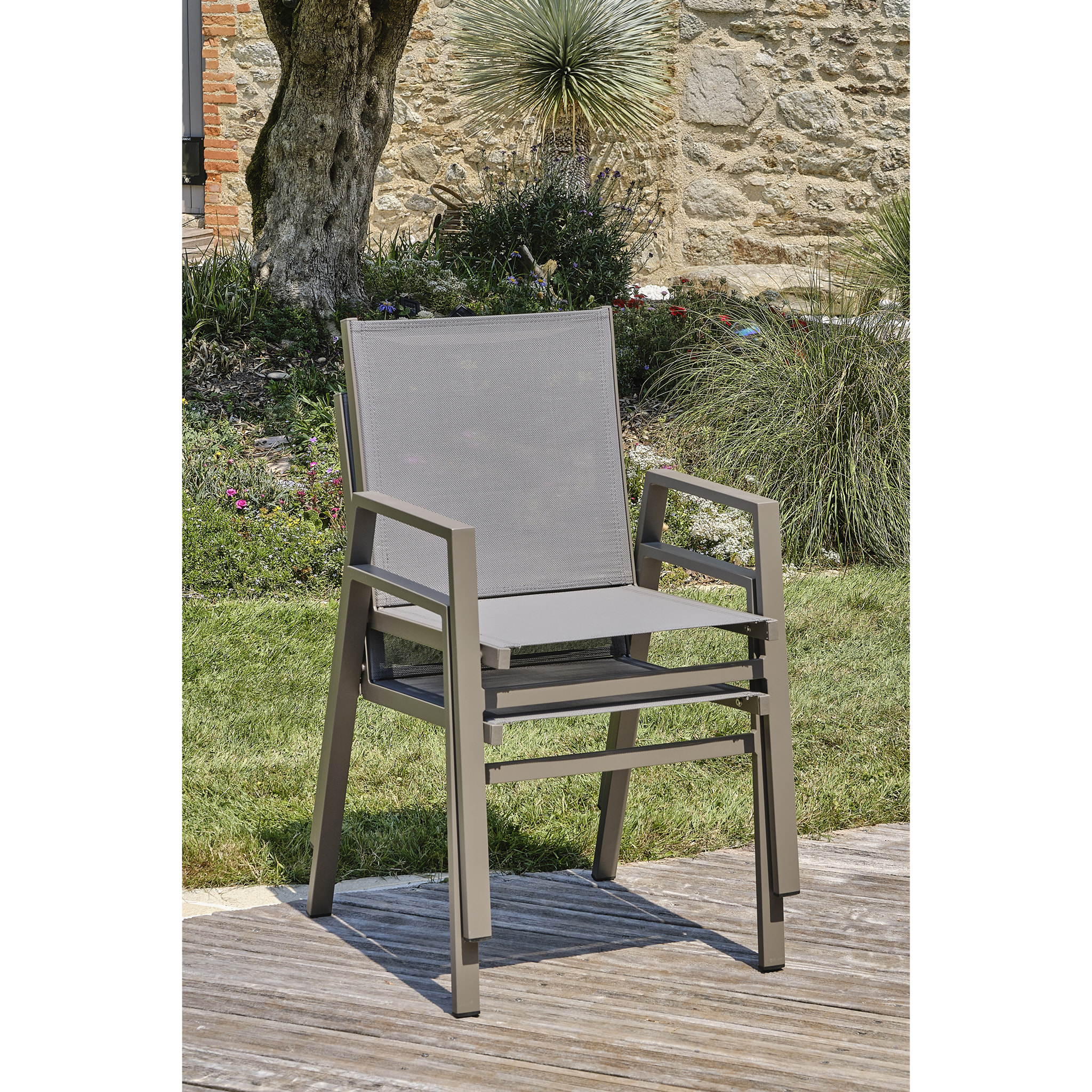 FLORIDE - Ensemble repas de jardin 6 places en aluminium quartz