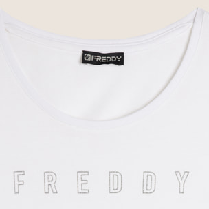 T-shirt scollo tondo con logo glitter
