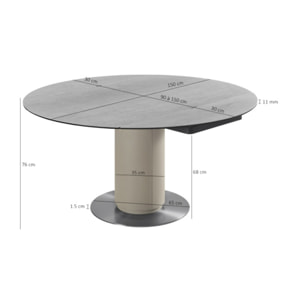 Table extensible ronde 90 à 150 cm céramique gris pied métal - GIGI