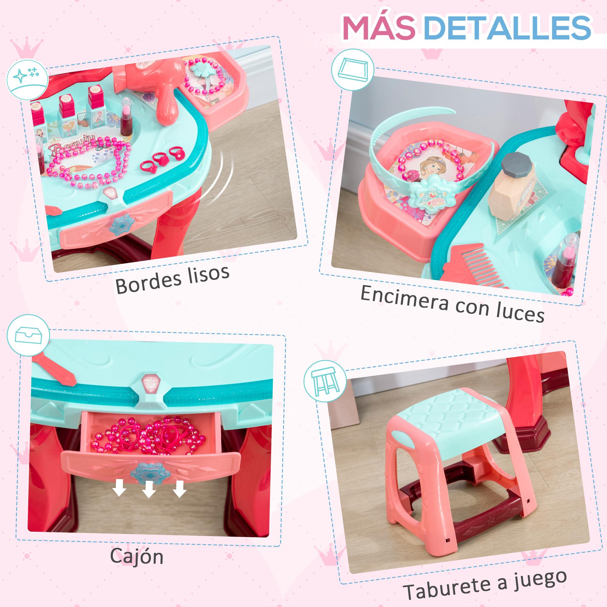 Tocador de Juguete para Niñas de +3 Años con Taburete Espejo Luz Música y Secador Incluye 31 Accesorios Tocador de Maquillaje 57x34x76 cm Multicolor