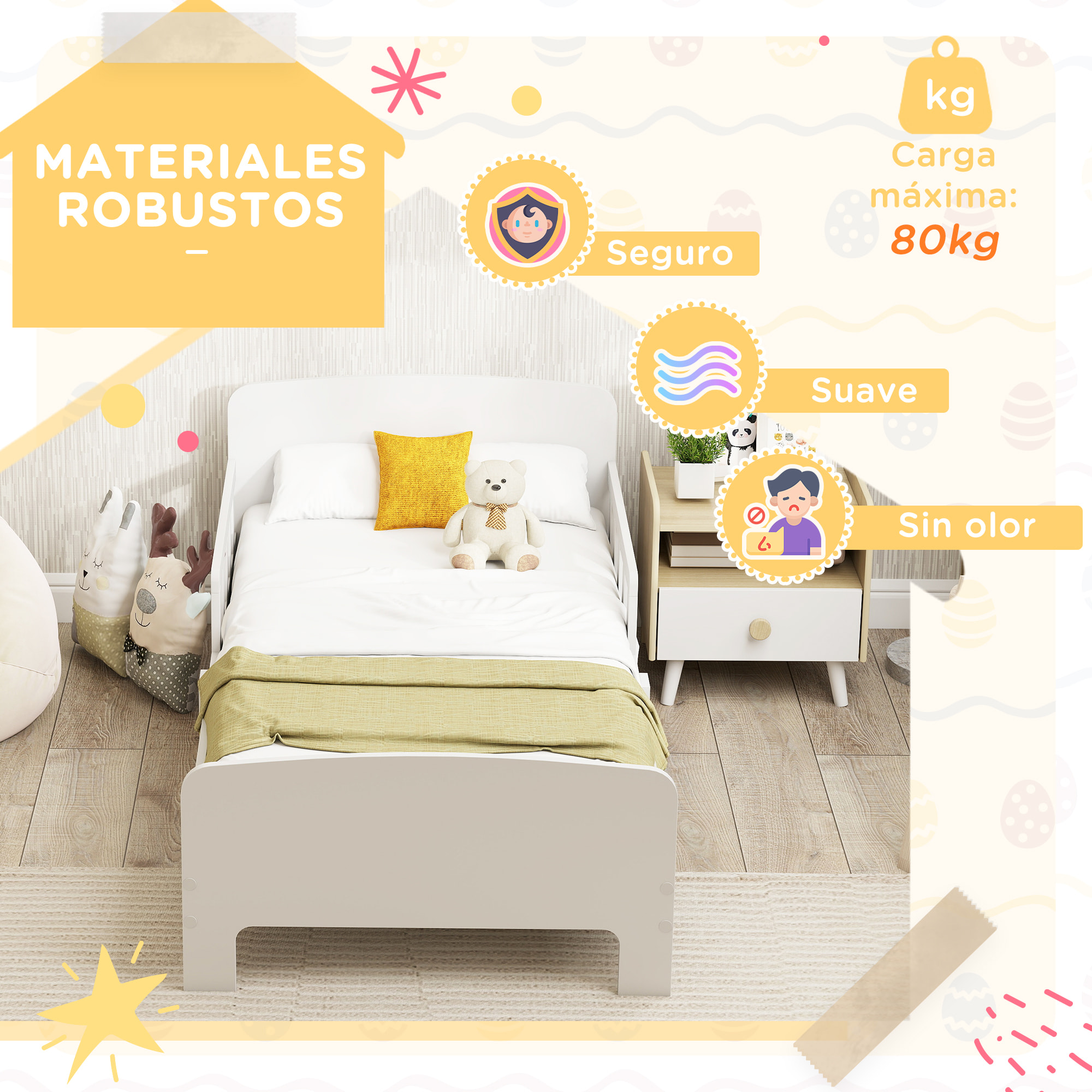 Cama Infantil 70x140 cm, Cama para Niños con Barrera Anticaídas y Somier, para Niños y Niñas de 3-8 Años, Blanco