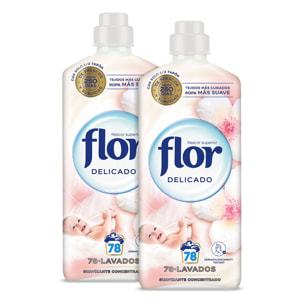 Flor Original Delicado, Suavizante para La Ropa Concentrado, Apto para Pieles Sensibles, 156 lavados (2 botellas x 78 dosis)