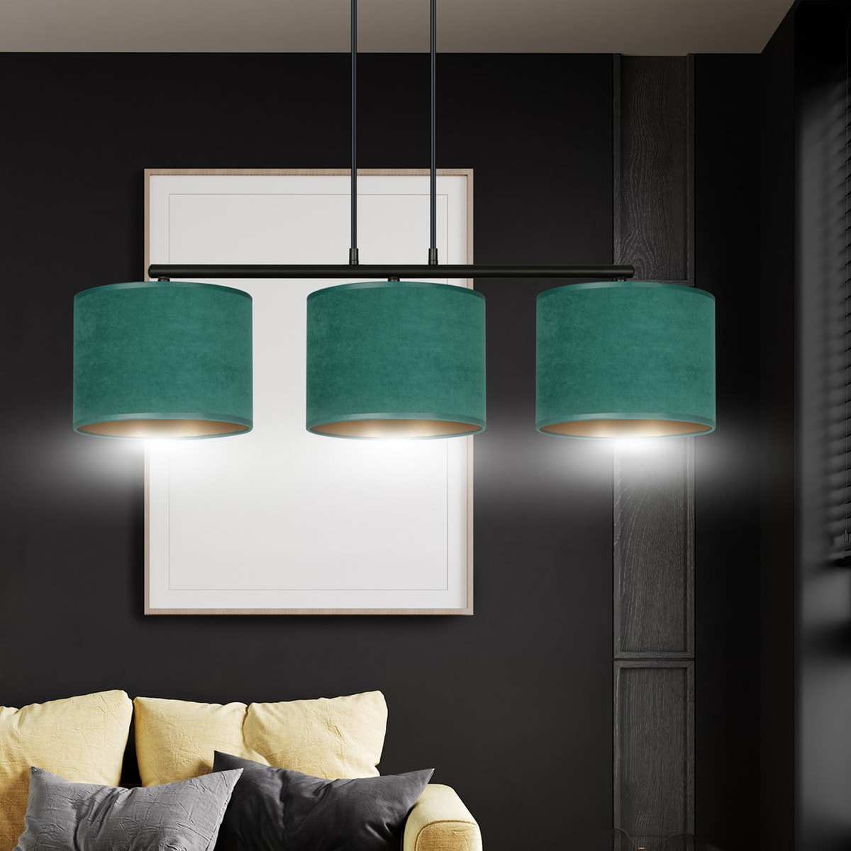 Lampada a sospensione Hilde in acciaio e velluto verde