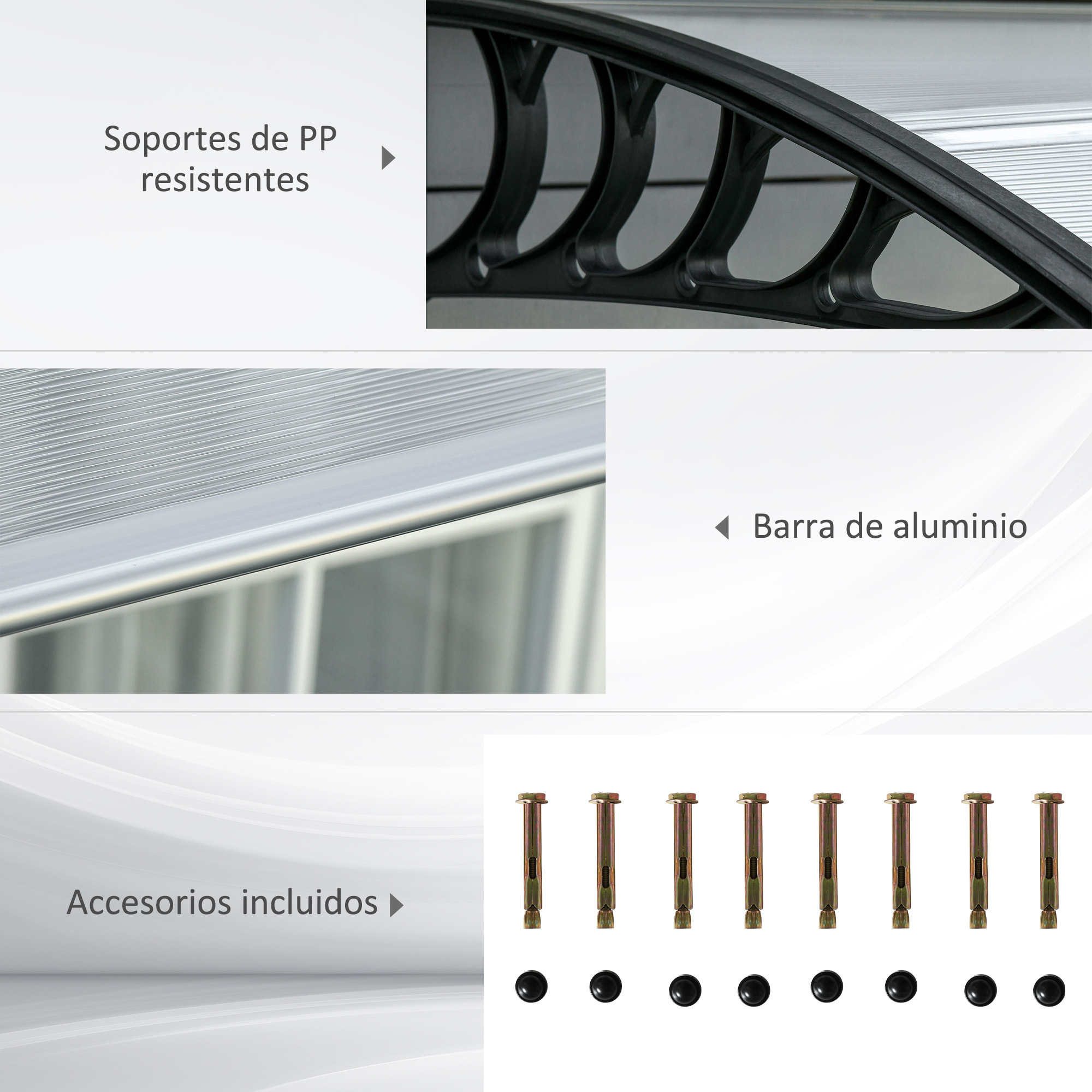 Tejadillo de Protección 303x96 cm Marquesina Exterior para Puertas y Ventanas contra Sol y Lluvia con Soporte de Aleación de Aluminio PP Policarbonato Transparente