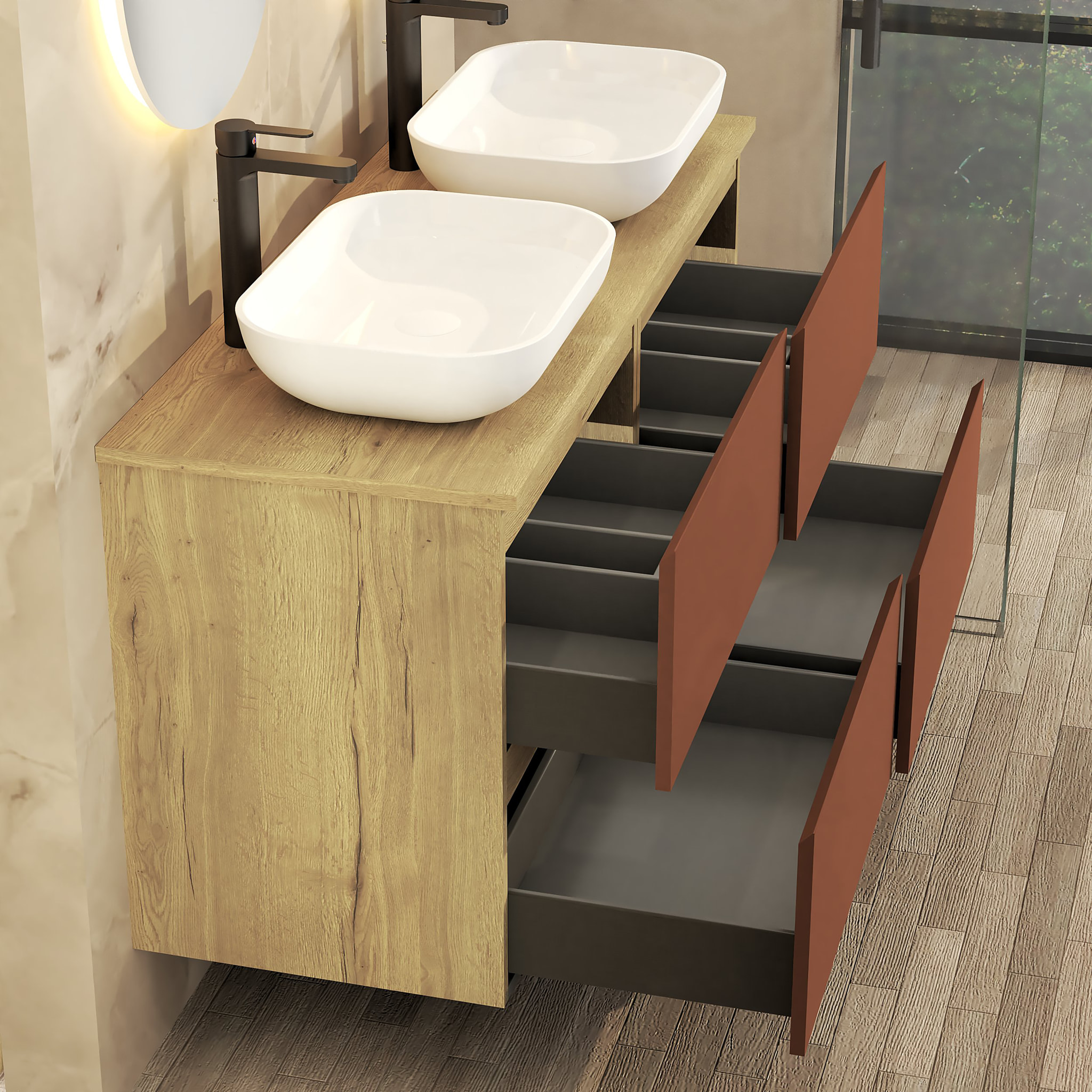 ENSEMBLE SALLE DE BAIN NIA | MEUBLE SUSPENDU | 140 CM SCARLATO | 4 TIROIRS | LAVABO SUR PLAN | N'INCLUT PAS MIROIR | MEUBLE MONTÉ | ALDAY
