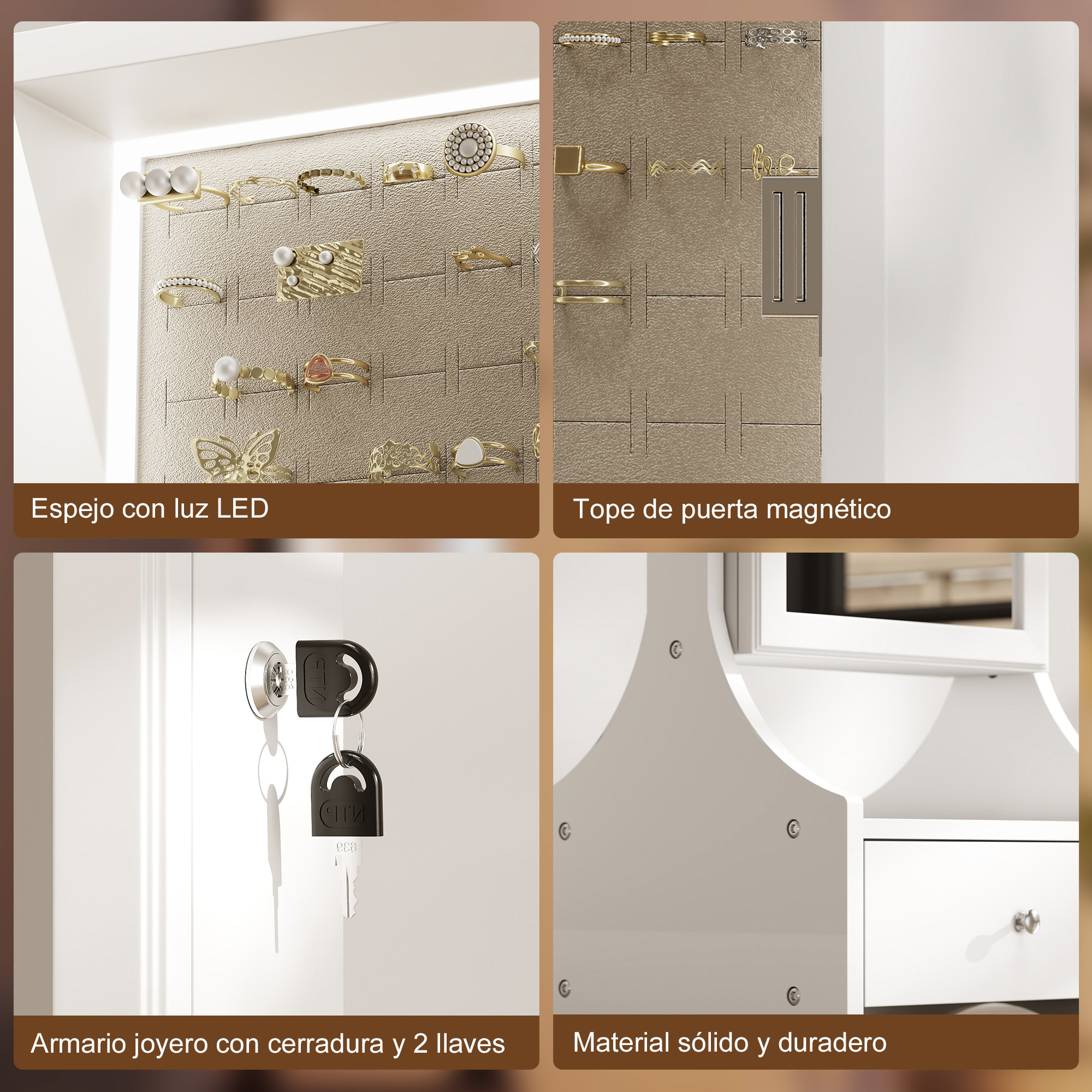 Espejo Joyero con Luces LED, Armario para Joyas, Armario Joyero con Espejo Entero de Ángulo Ajustable, Cajones, Mesa Interior Plegable, Cerradura, Luces Apagado Automático, Blanco y Forro Beige