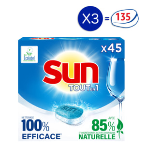 135 lavages - Tablettes Lave-Vaisselle Tout En 1 SUN Regular Ecolabel (Lot de 3x45)