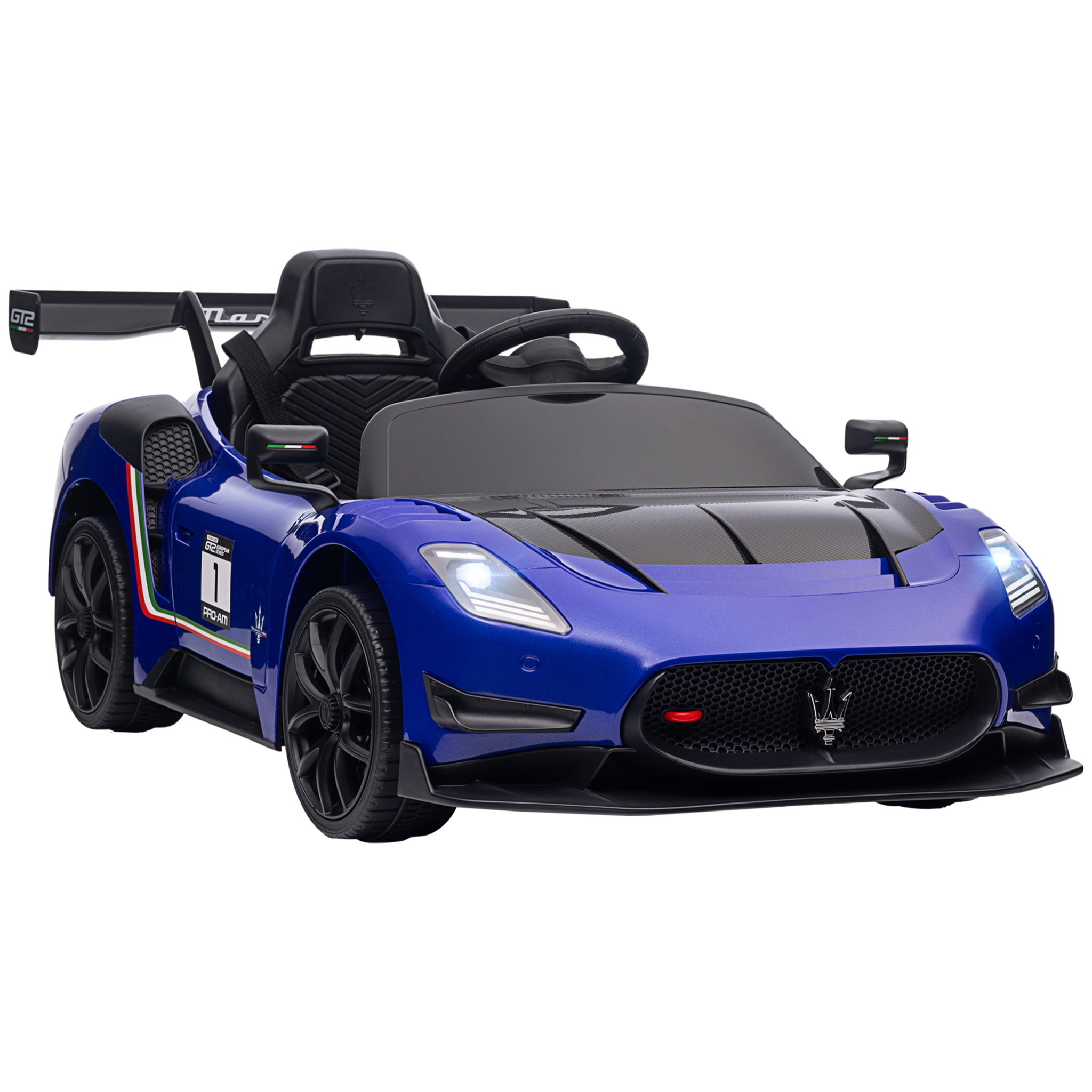 Coche Eléctrico para Niños de +3 Años Maserati GT2 Coche Eléctrico con Batería 12V Carro Eléctrico Infantil con Mando a Distancia Faros LED Bocina Música y Ruedas Auxiliares Azul