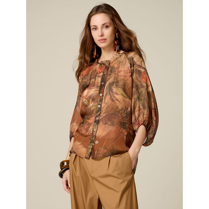 Oltre - Camicia in chiffon fantasia misto seta - Marrone