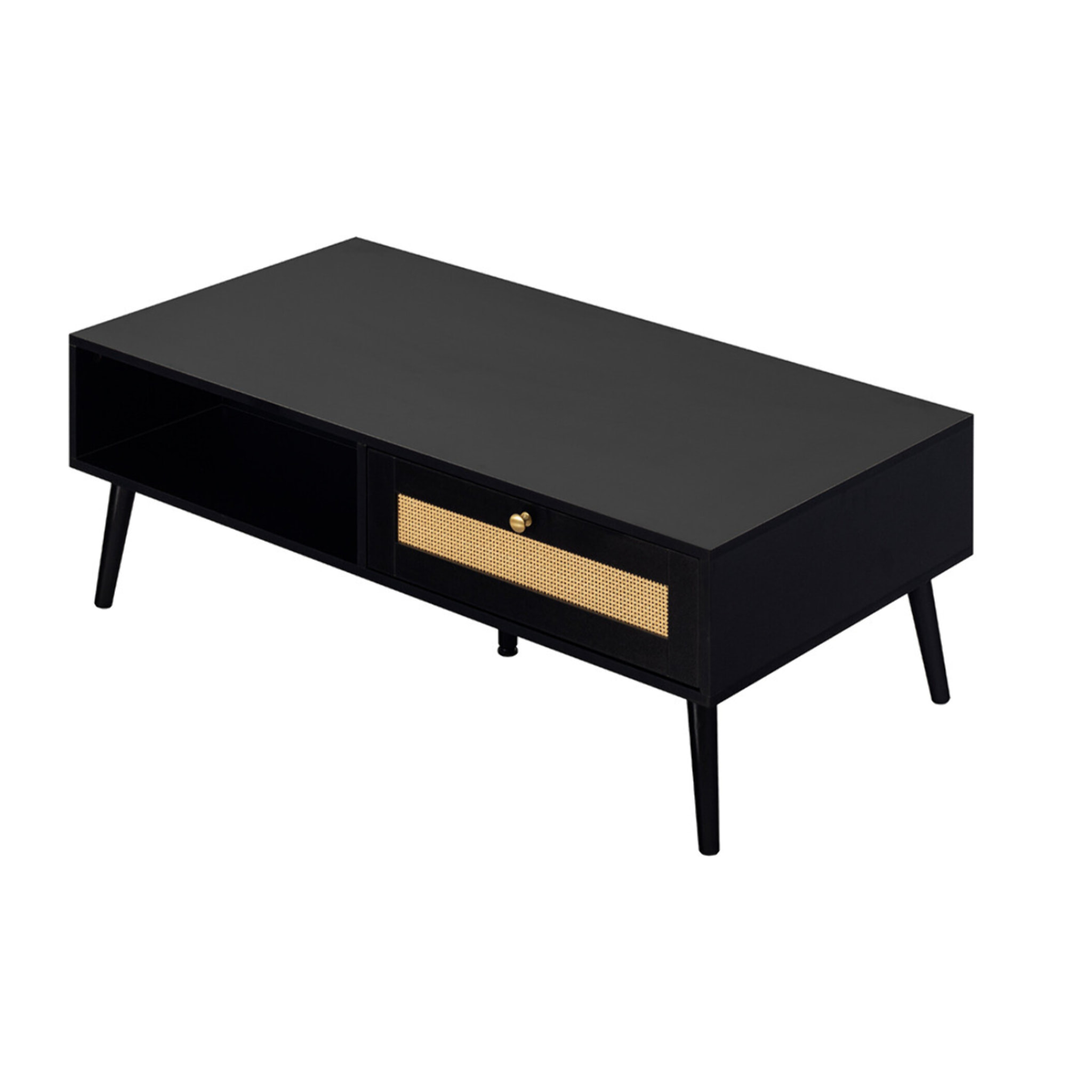 Goto - table basse - noir et cannage - 1 tiroir et 1 niche - 110 cm - Noir