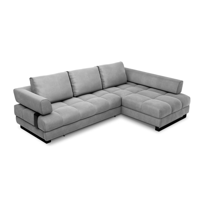 Canapé d'angle droit convertible avec coffre de rangement "Clinton" 5 places en velours gris clair